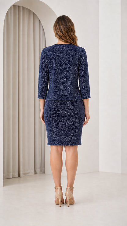 Back view of navy blue two-piece formal dress and jacket set