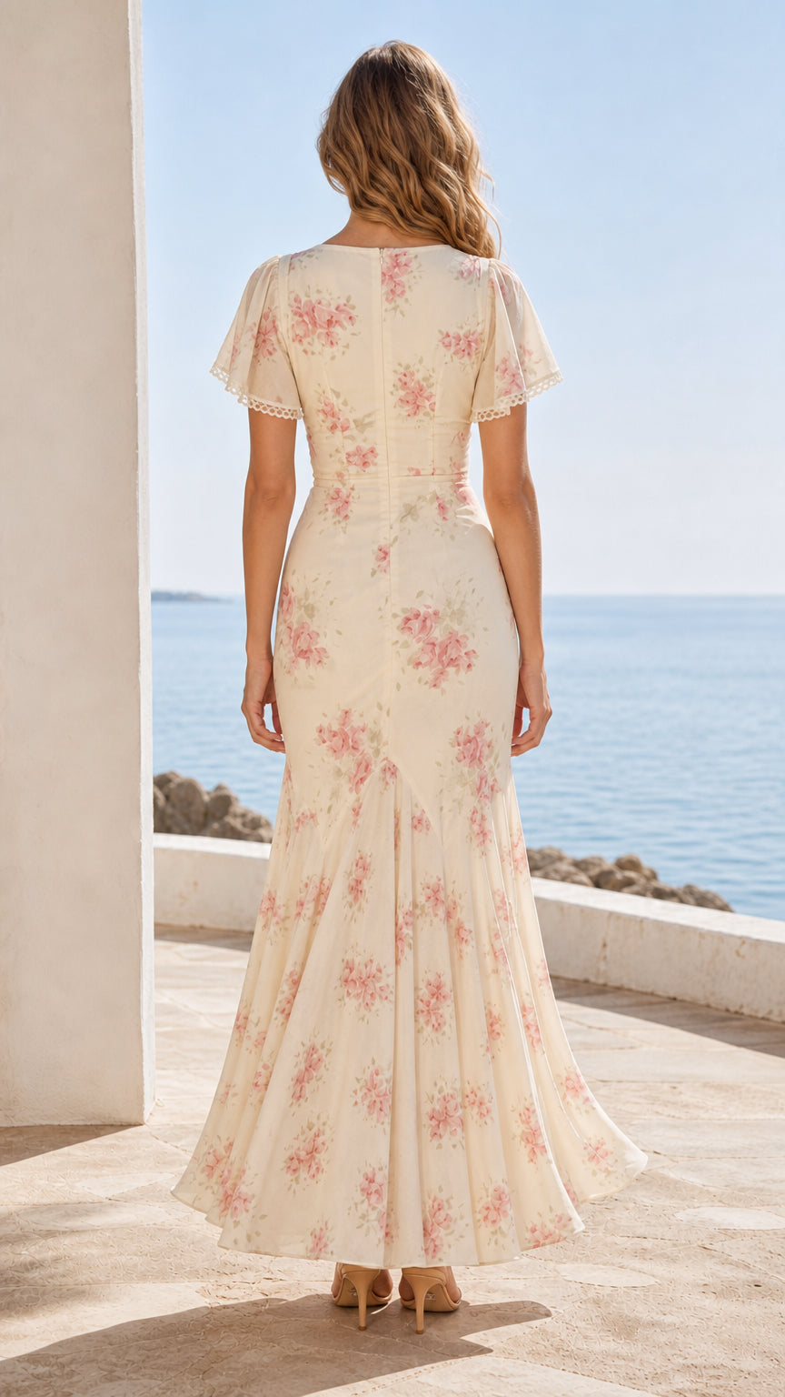 Back view of cream floral maxi dress