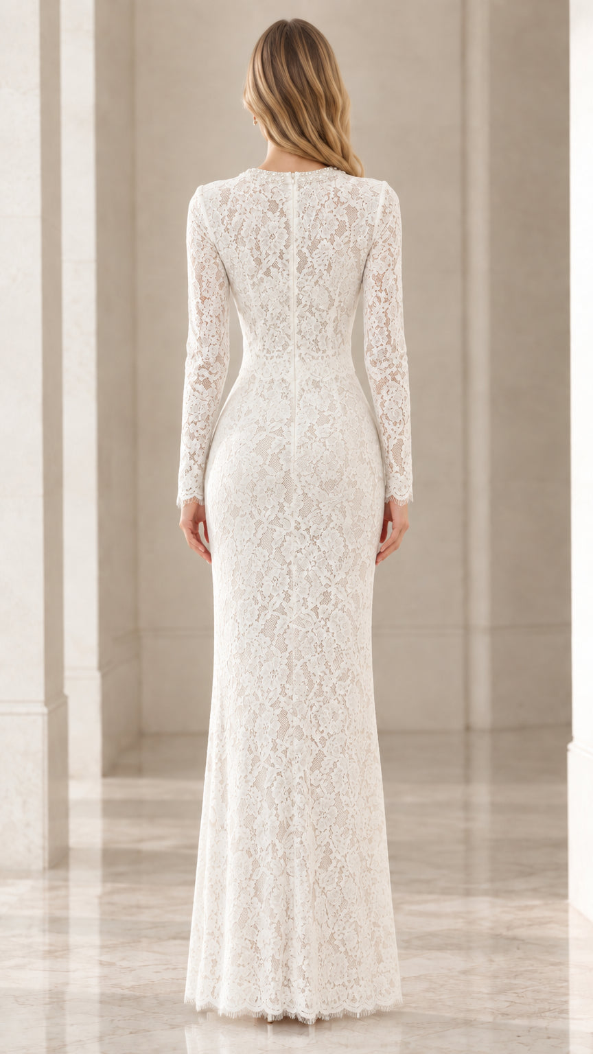 Back view of model wearing floor-length white lace dress with hidden zipper