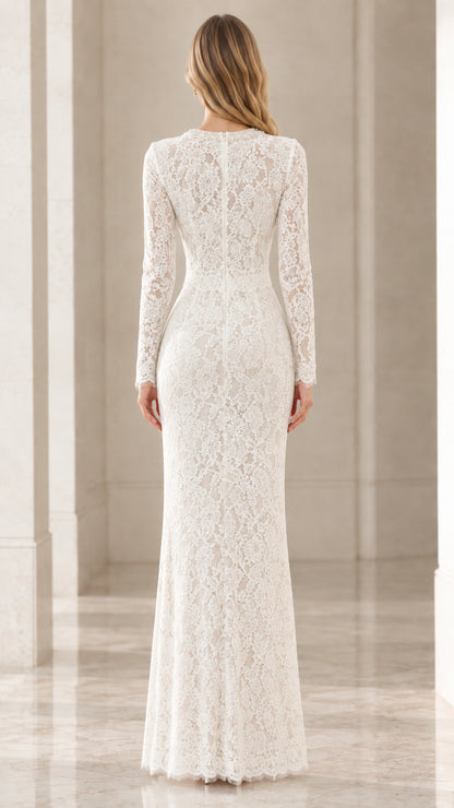 Back view of model wearing floor-length white lace dress with hidden zipper