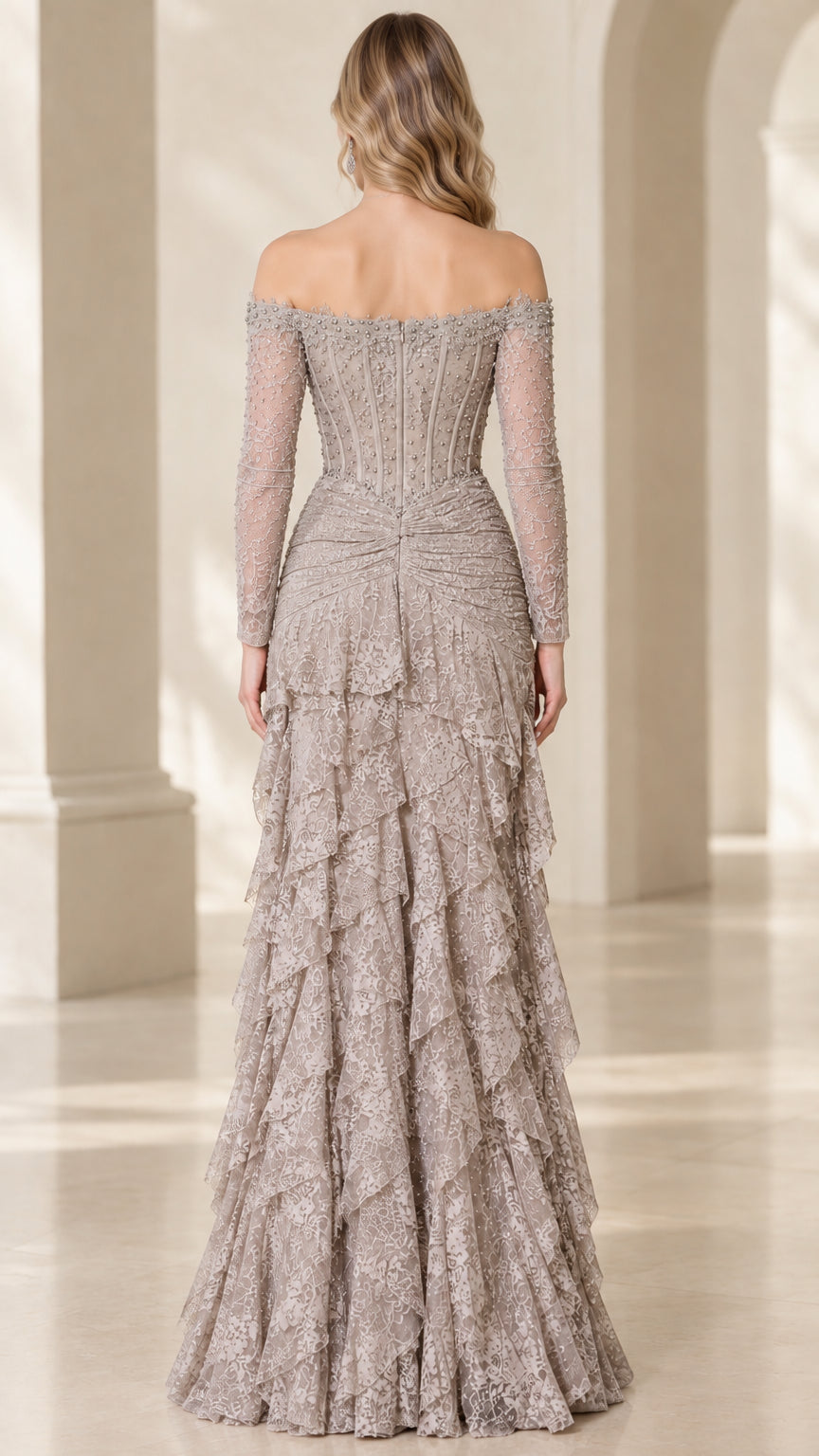 Taupe tiered lace off-the-shoulder evening gown with corset back detailing - Back view