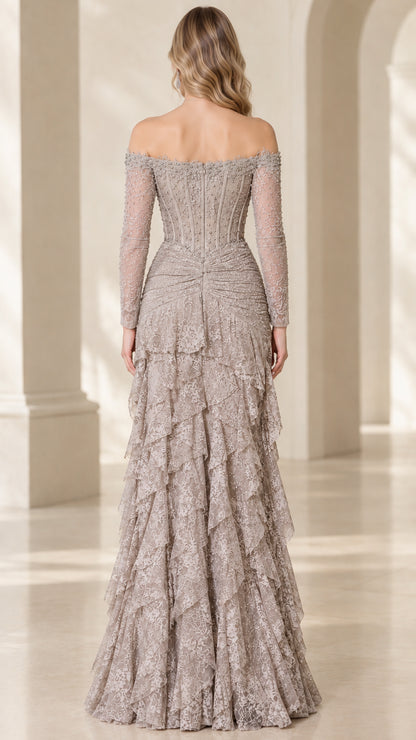 Taupe tiered lace off-the-shoulder evening gown with corset back detailing - Back view