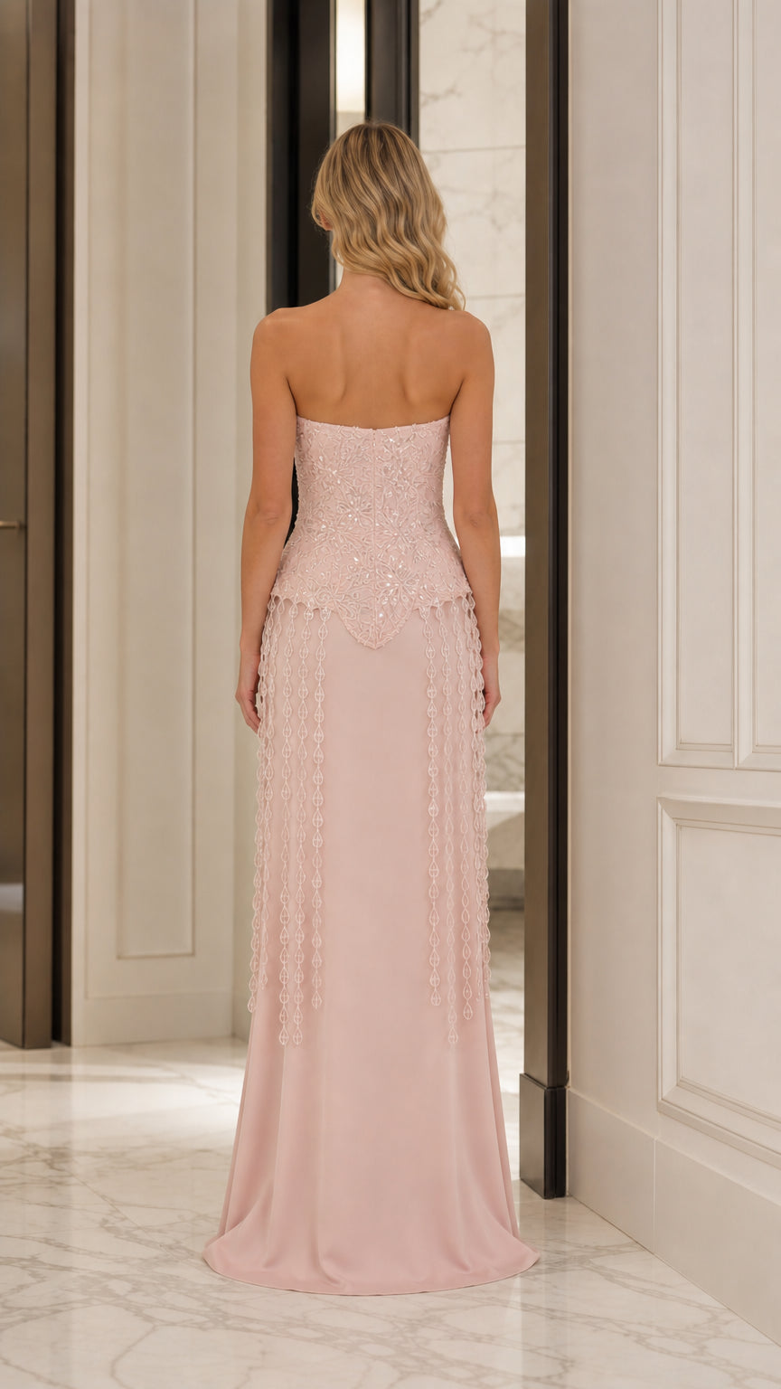 Blush pink formal maxi dress back view