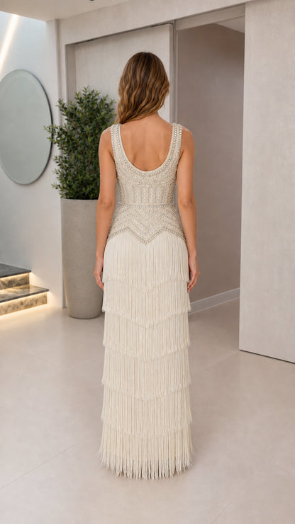 Back view of Champagne beaded fringe maxi dress