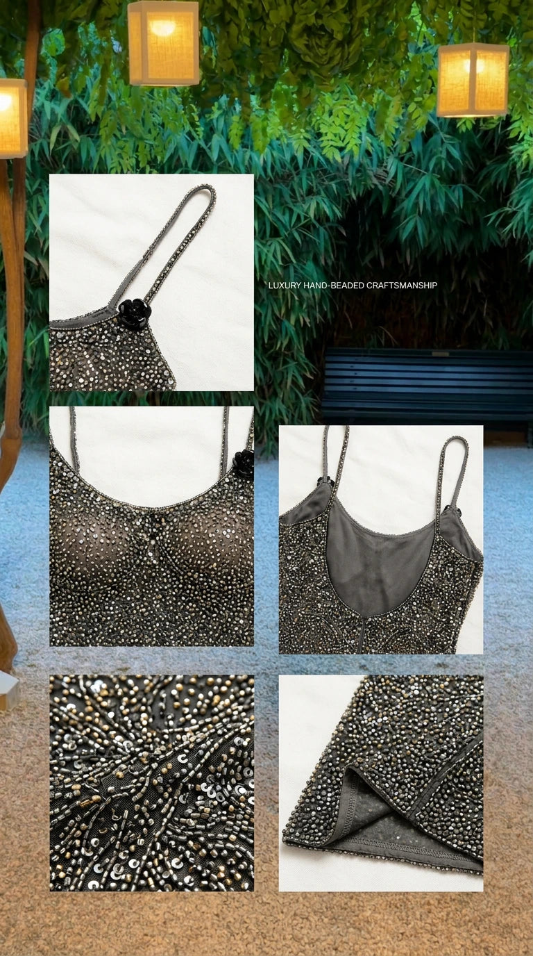 Close-up detail shots of straps, rosette accent, lining, and sequin beadwork