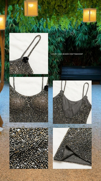 Close-up detail shots of straps, rosette accent, lining, and sequin beadwork