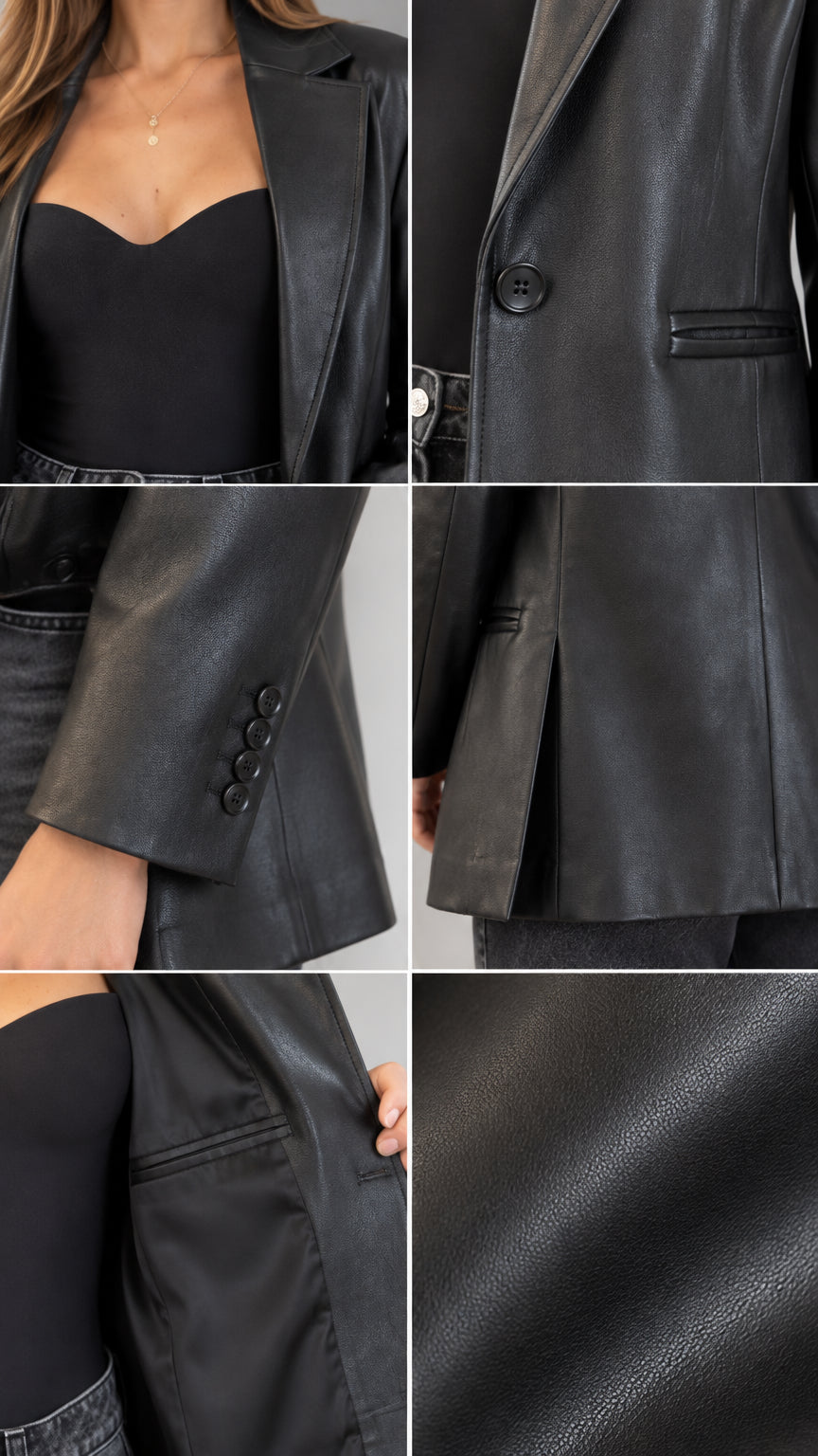 Detailed close-ups of Black faux leather blazer showing lapel, button closure, cuff buttons, back vent, and leather texture