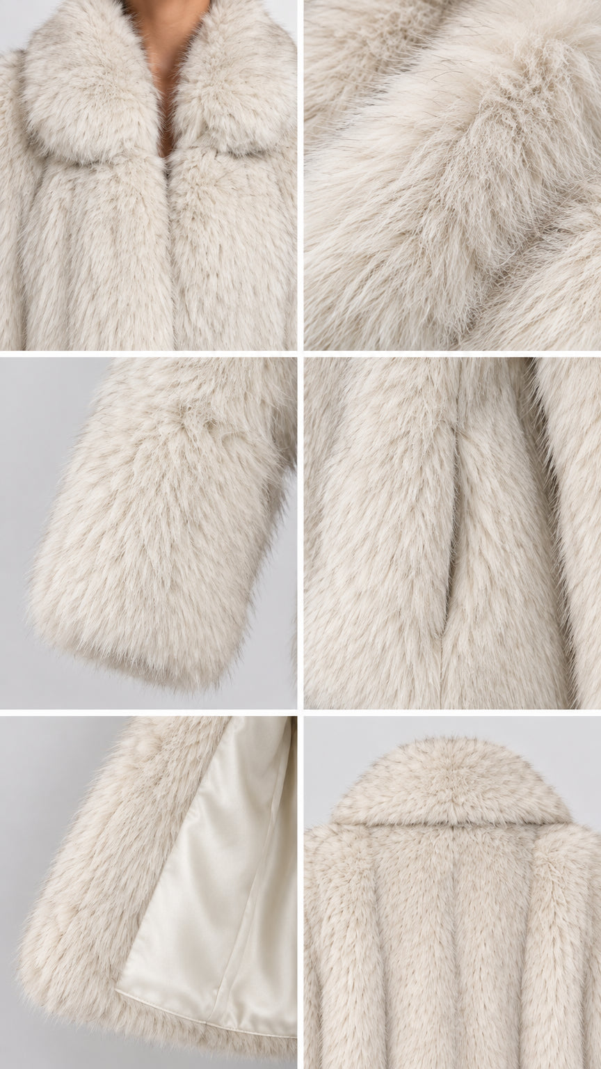 Close-up details of cream faux fur collar, sleeve texture, pocket, and smooth inner lining