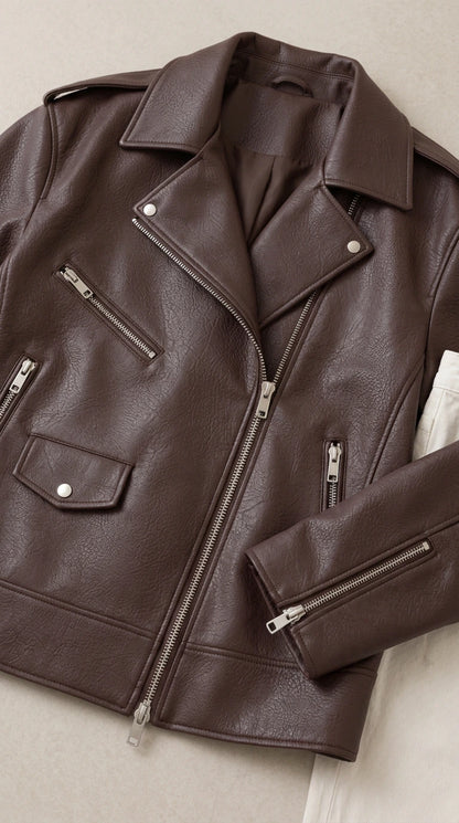 Close-up flat lay of dark brown faux leather moto jacket showing collar and zipper hardware