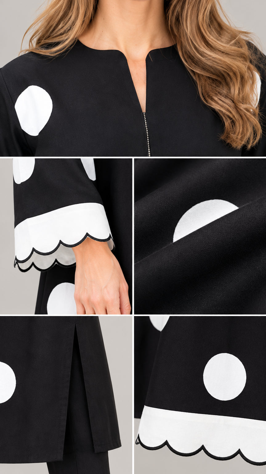 Close-up details of neckline, scalloped sleeve cuff, fabric texture, and ankle slit on Black set