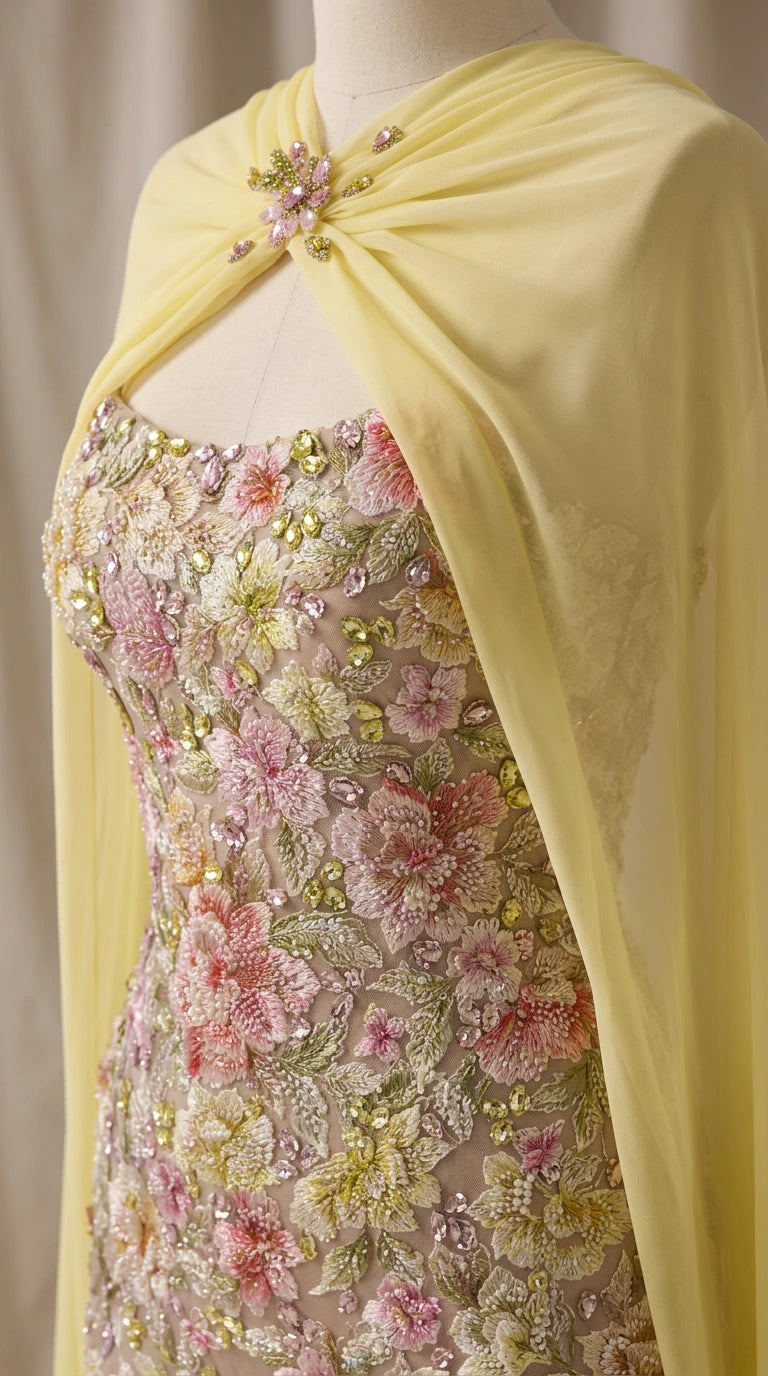 Close-up of pastel yellow embellished capelet neckline clasp and floral embroidery