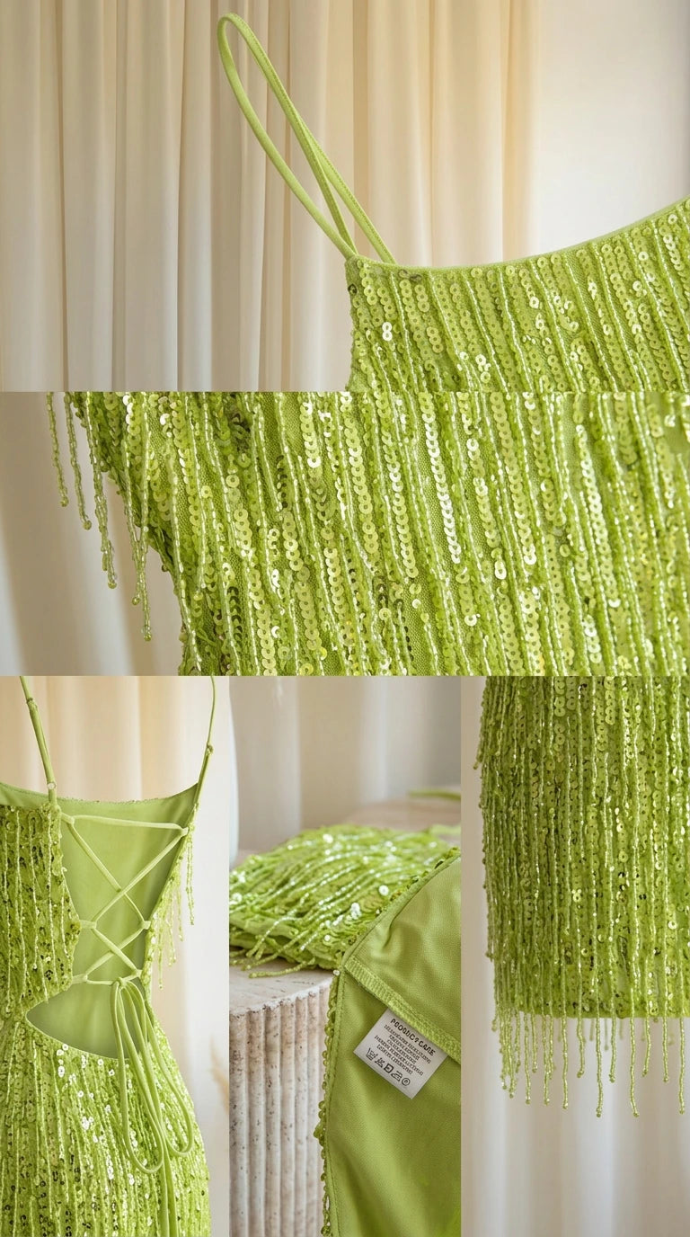 Close-up details of sequin fringe texture, lace-up back, and smooth lining
