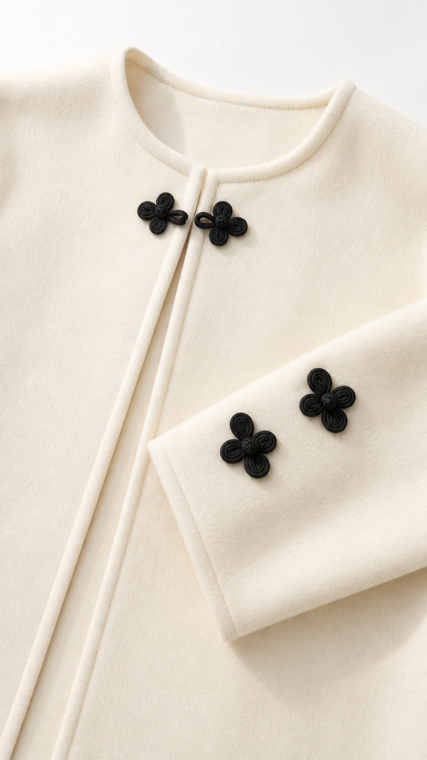 Close-up detail of off-white fabric with black floral knot button closures at neck and cuff