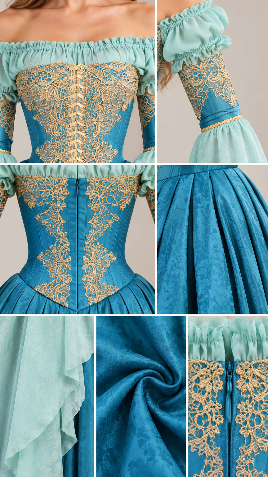 Detailed collage of gold bodice embroidery, ruffled neckline, and textured skirt fabric