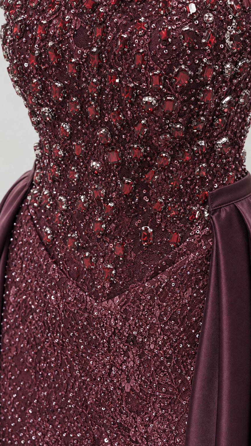 Close-up detail of intricate beadwork and sequin embellishments