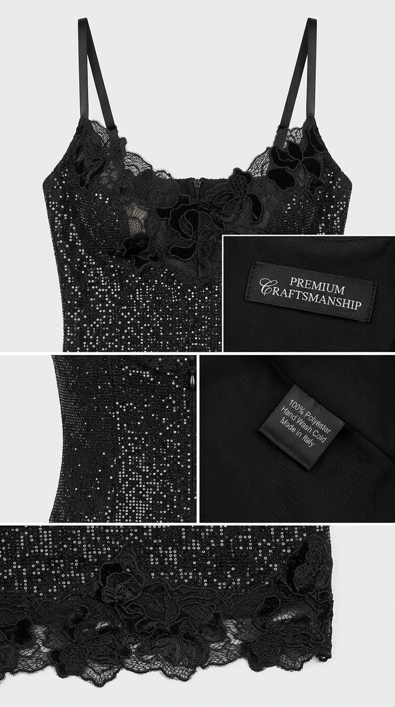 Close-up detail of glitter knit fabric and black lace neckline trim