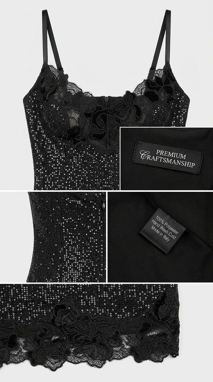 Close-up detail of glitter knit fabric and black lace neckline trim