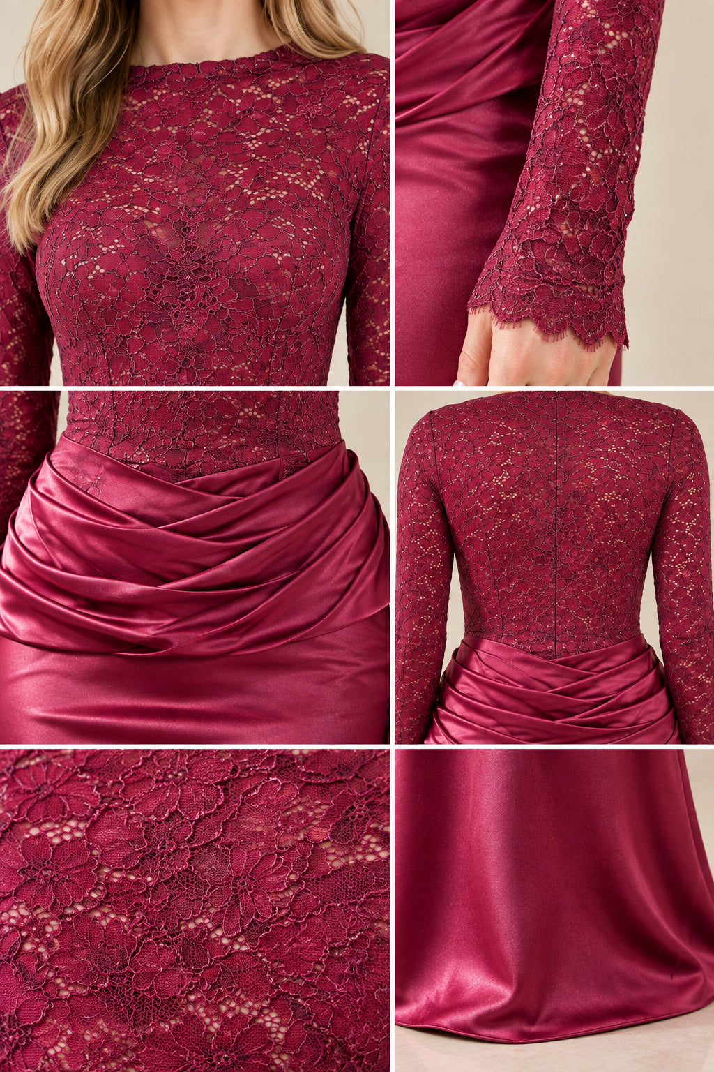 Detailed close-ups showing lace texture, ruched waistline, and sleeve hem
