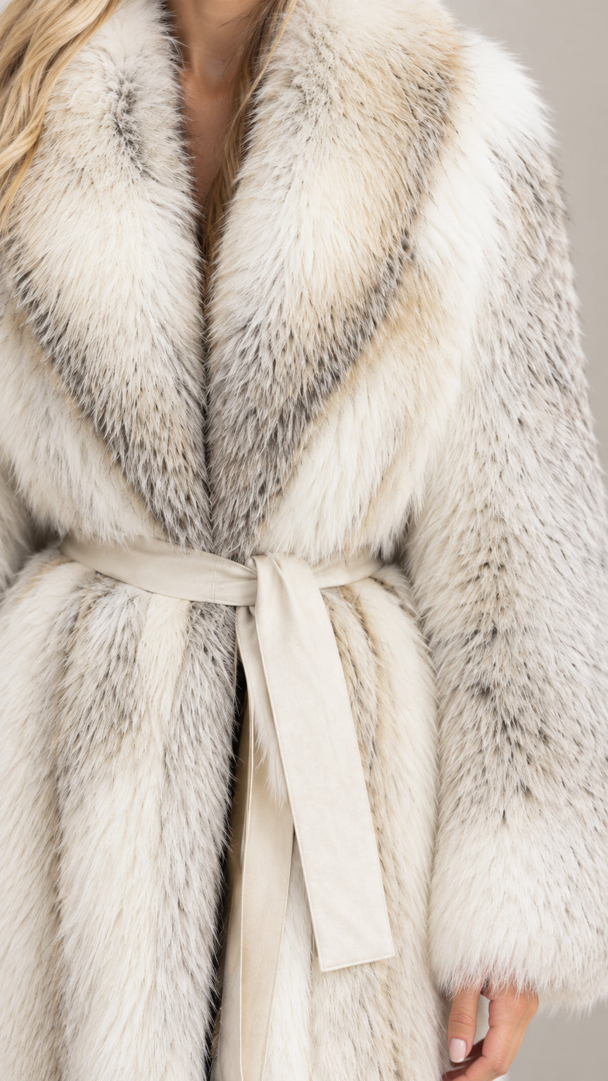 Close-up view of Ivory Frost shawl collar and tie belt texture