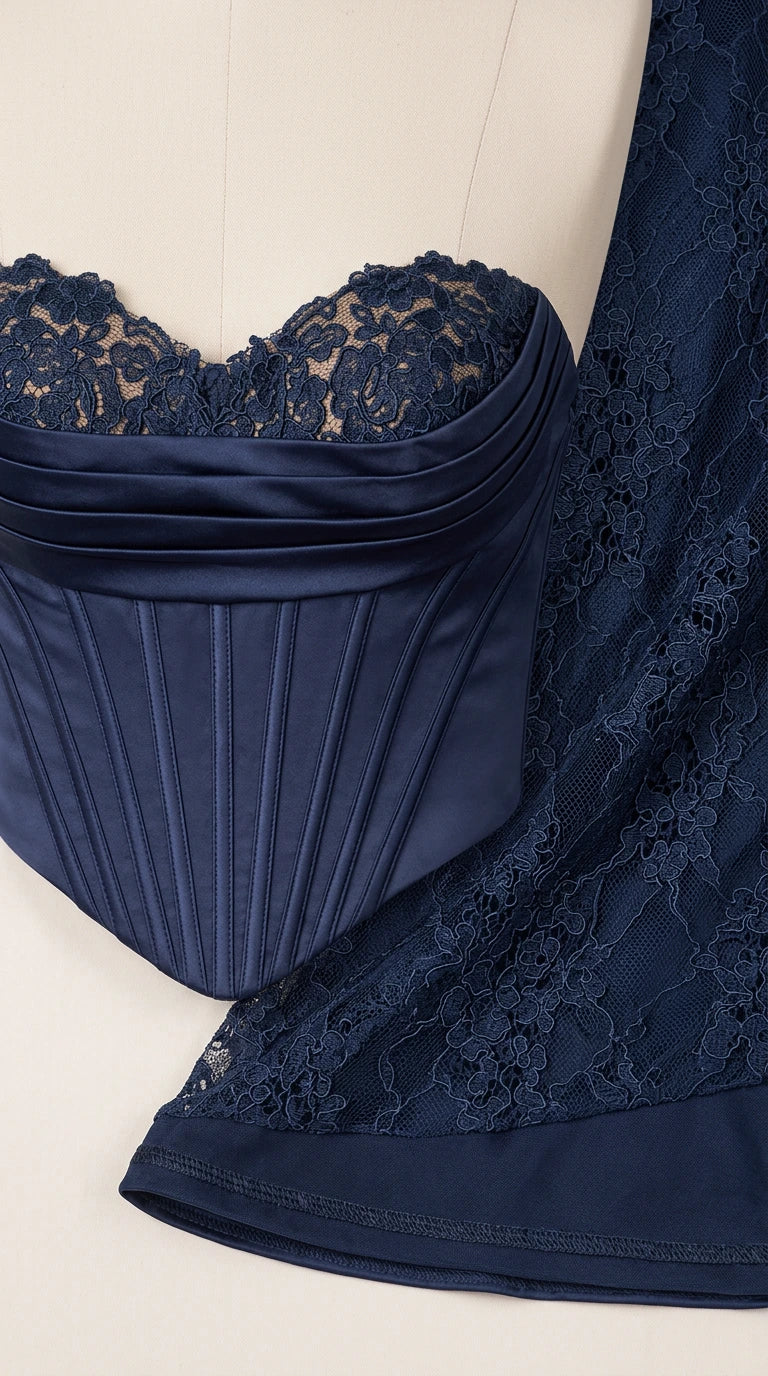 Close-up detail of structured corset boning, pleated bust, and lace fabric