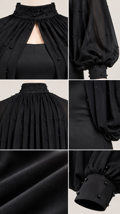 Close-up details of beaded high neck and cuff embellishments on black gown