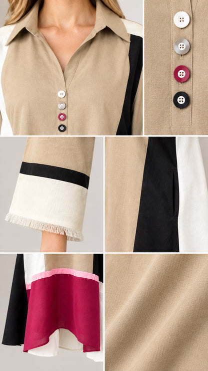 Close-up details of collar, multi-tone buttons, fringed cuff, and woven fabric texture