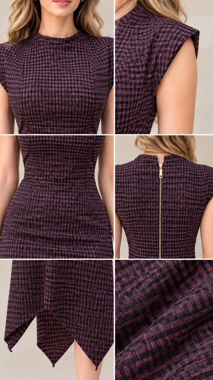 Close-up details of neckline, shoulder cap, waist, back zipper, and textured fabric