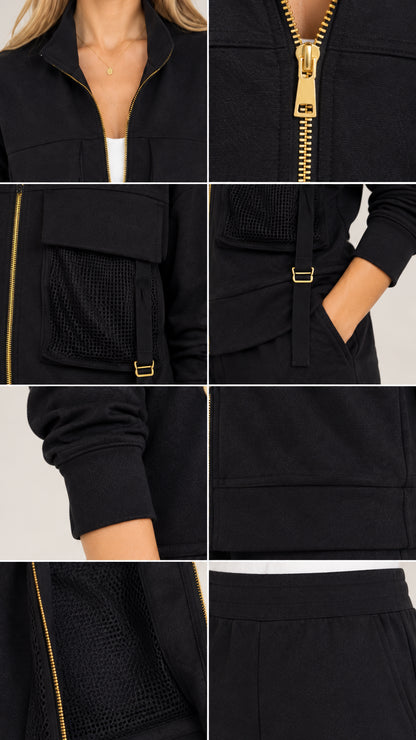 Close-up details of gold zipper, mesh cargo pocket, and ribbed cuffs