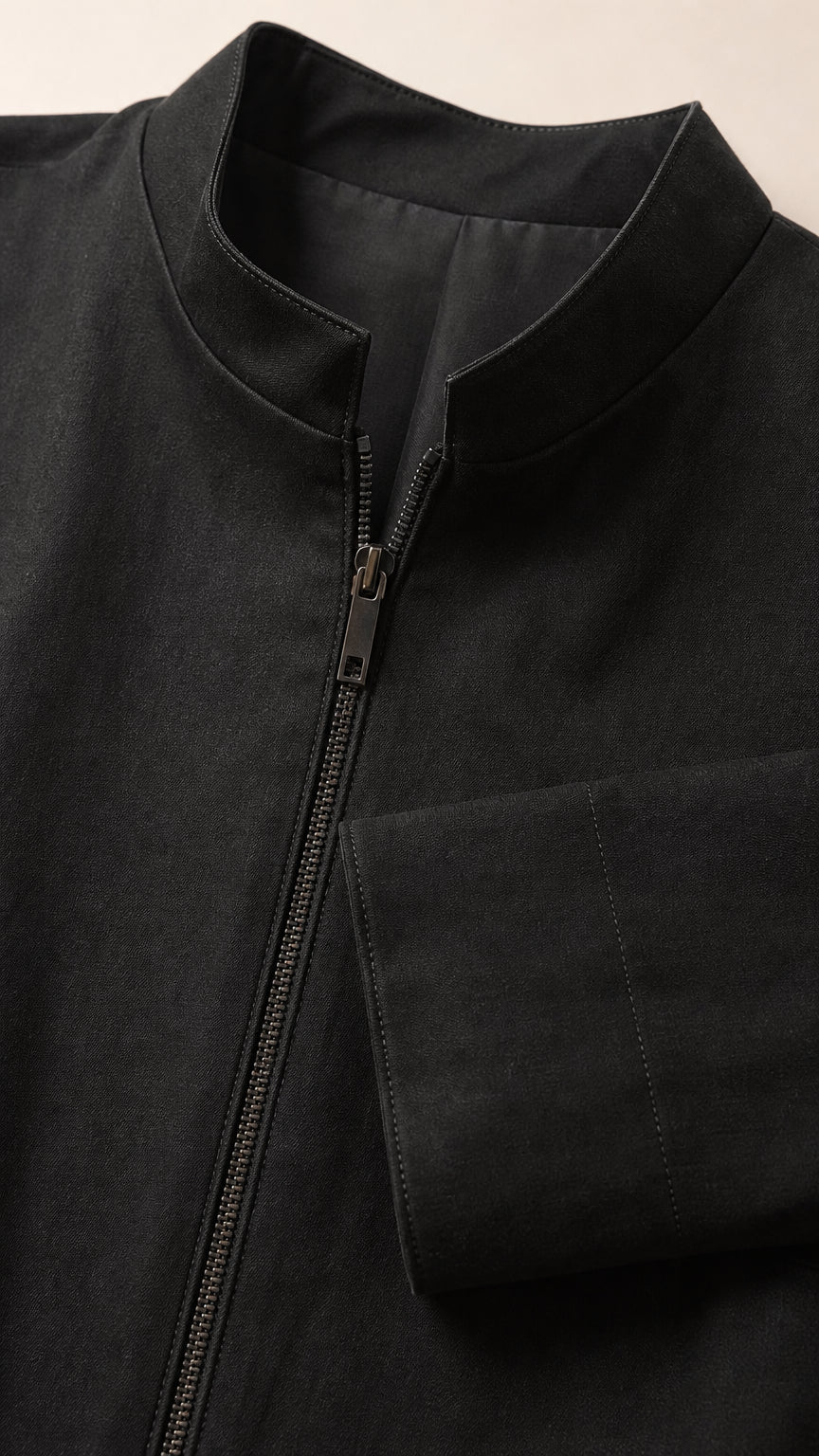 Close-up detail of black stand collar and metal zipper closure