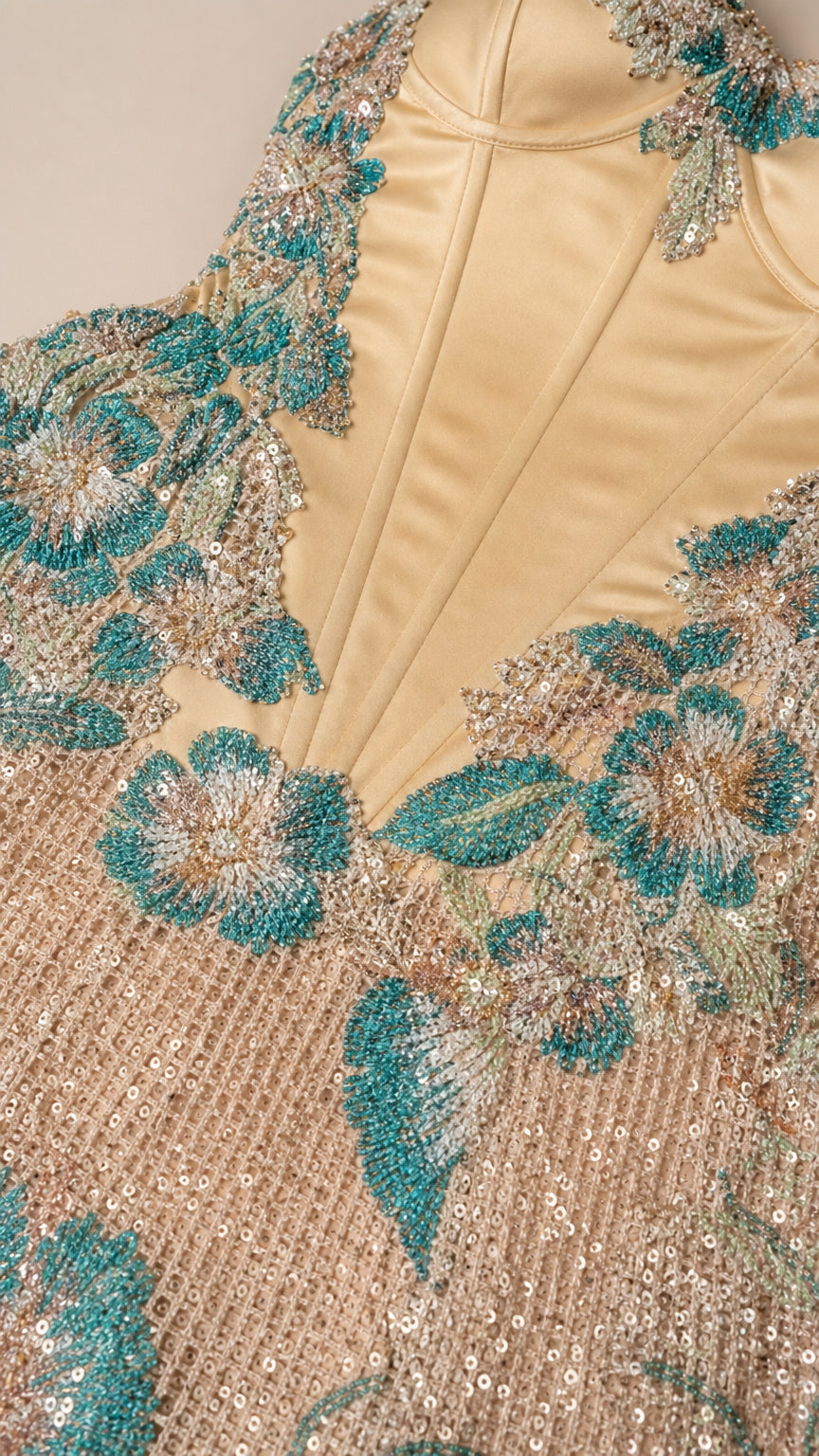 Close-up detail of Champagne corset satin panel and teal floral sequin embroidery