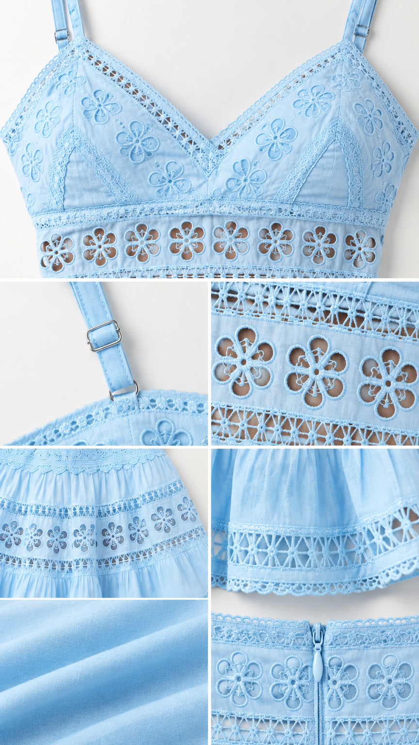 Close-up details of Light Blue dress showing eyelet cutouts, stitching, straps, and zipper