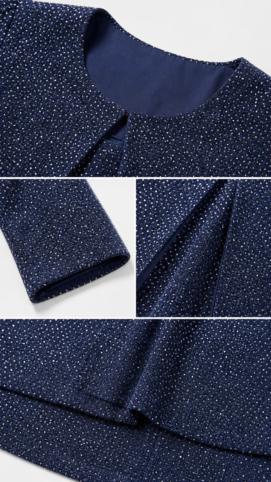 Fabric close-up details showing navy blue shimmer texture, neckline, and lining