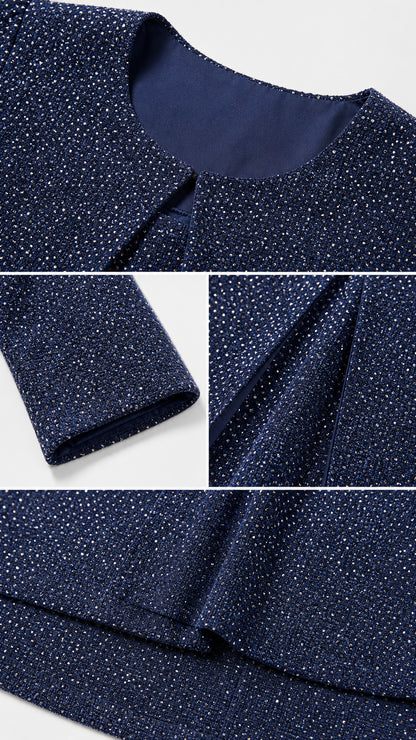 Fabric close-up details showing navy blue shimmer texture, neckline, and lining