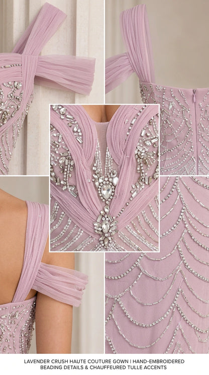 Close-up detail of sweetheart neckline, beaded bodice, and pleated tulle straps on evening gown