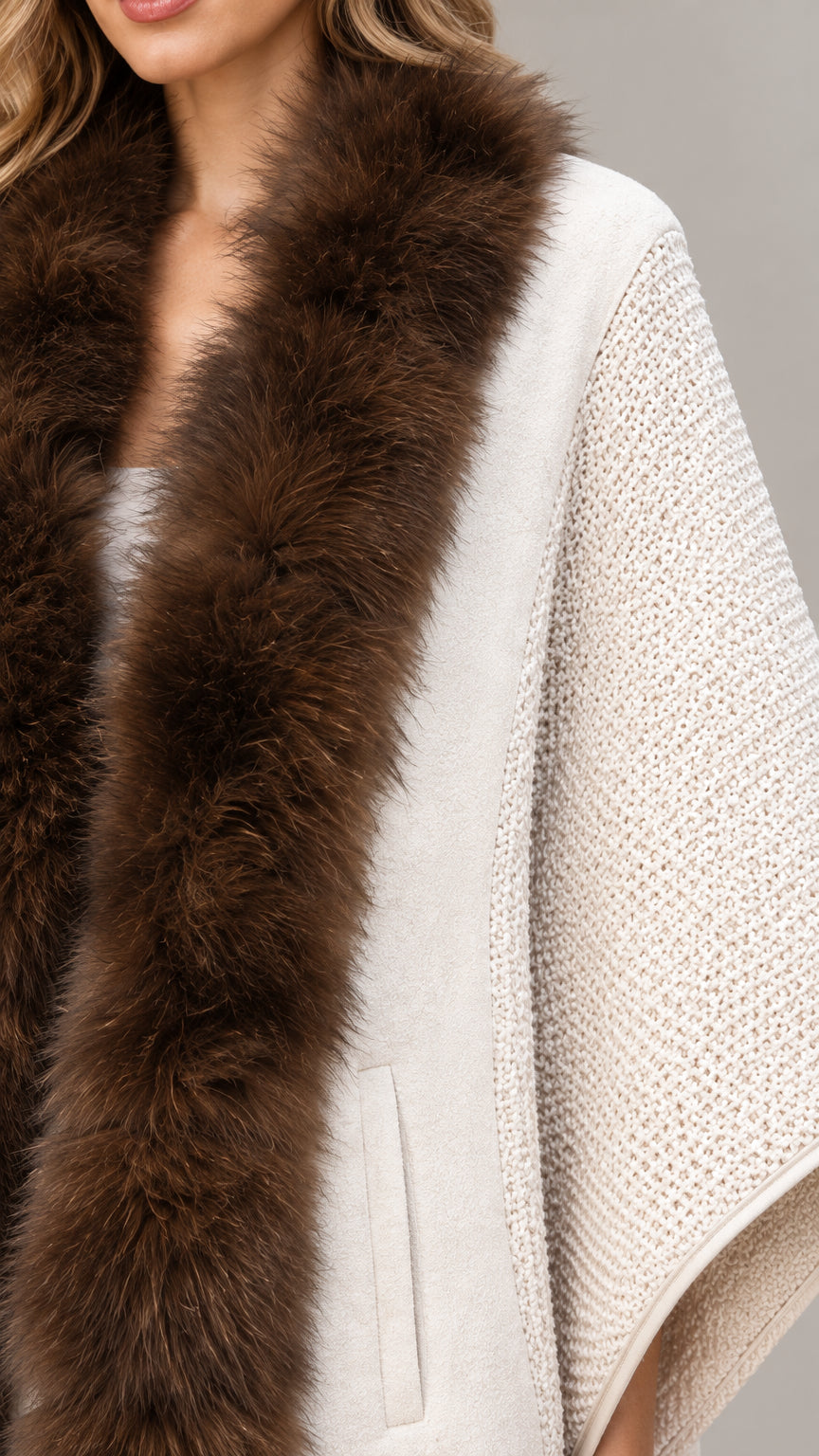 Close-up detail of plush brown faux fur collar trim and waffle knit texture