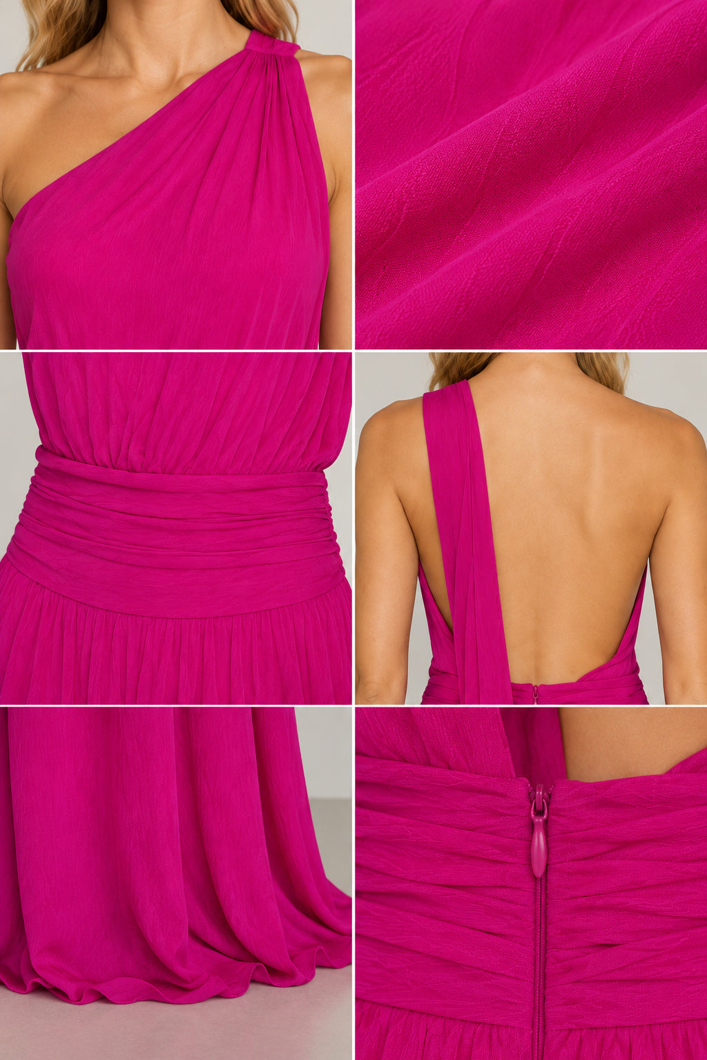 Detailed close-up views of magenta dress neckline, fabric texture, ruched waistband, and zipper