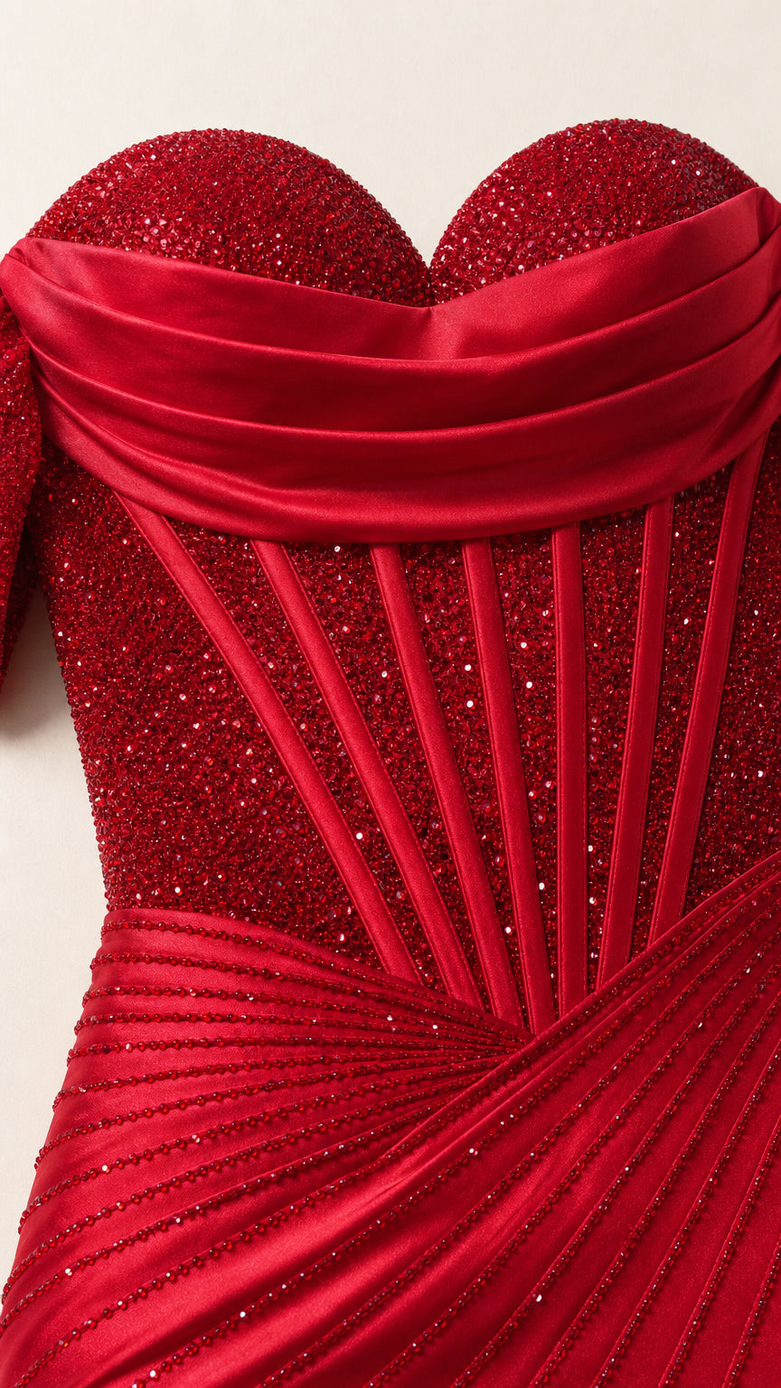 Close-up detail of red glitter boned bodice and draped neckline