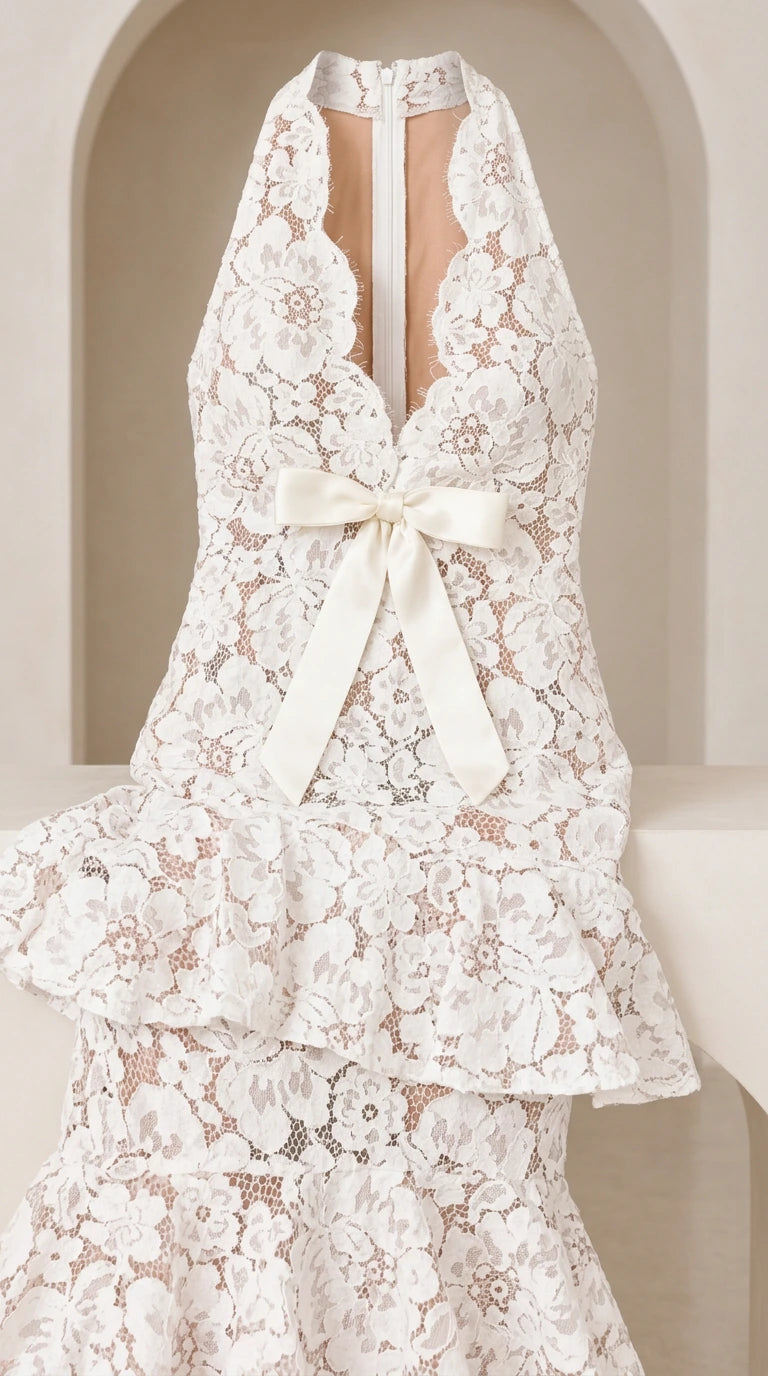 Close-up detail of White halter floral lace neckline and front ribbon bow
