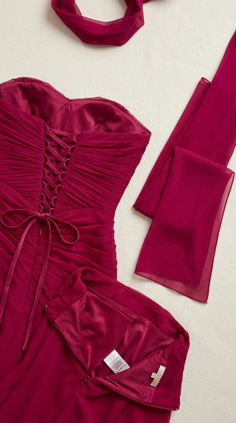 Close-up detail of berry red ruched bodice, corset ties, and lining