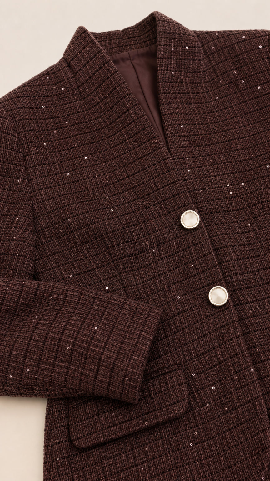 Close-up detail of chocolate brown tweed fabric with delicate shimmer accents and buttons