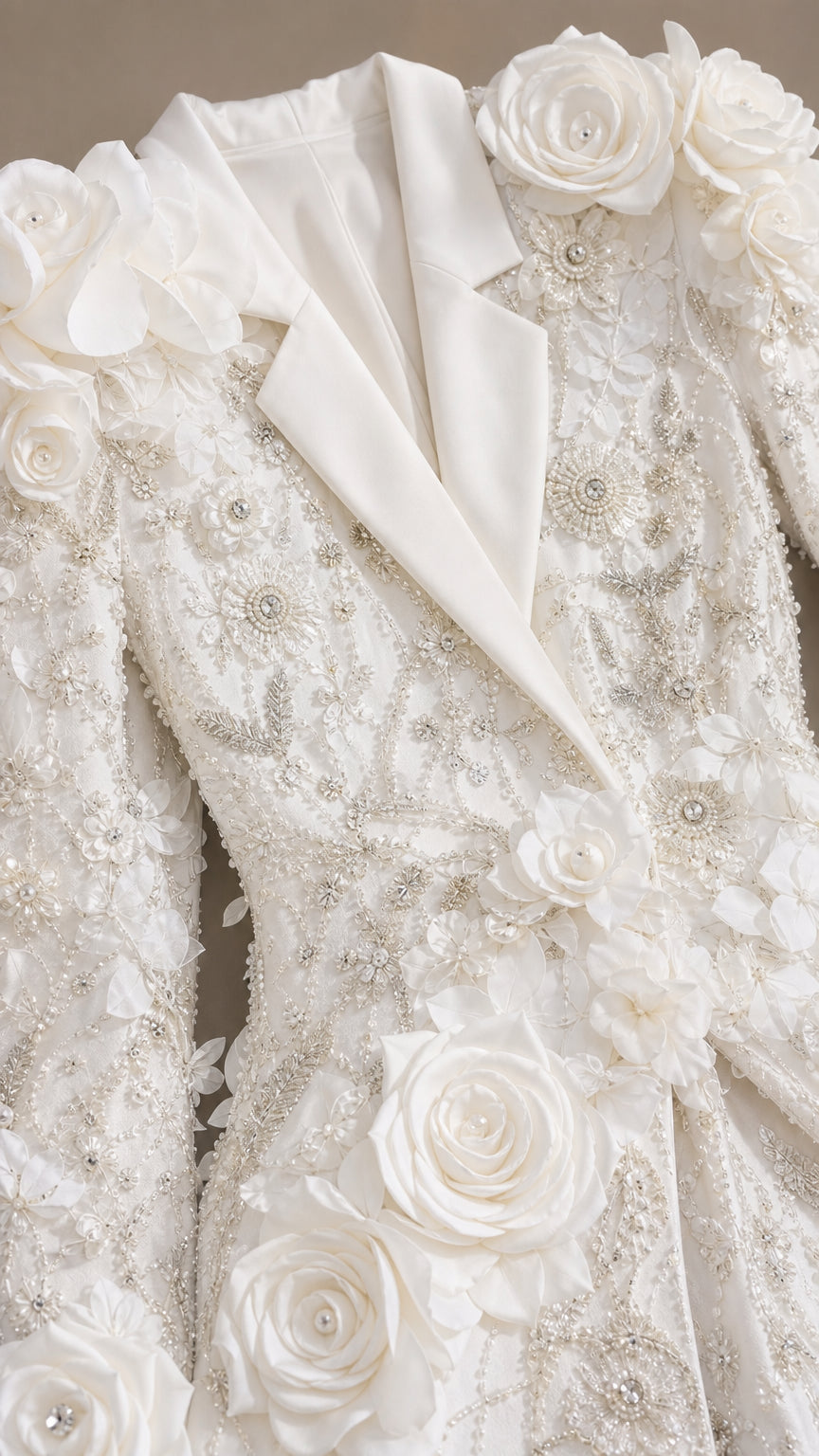 Closeup detail of 3D rosettes and beadwork on white blazer dress