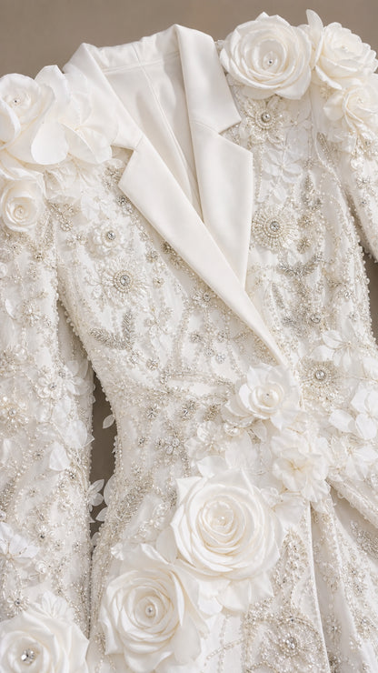 Closeup detail of 3D rosettes and beadwork on white blazer dress