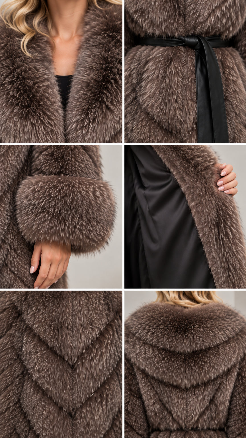 Close-up detail collage showing collar, belt, lining, cuffs, and chevron fur pattern