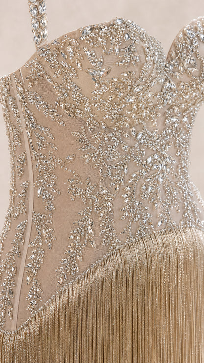 Close-up detail of rhinestone and crystal bodice embellishments