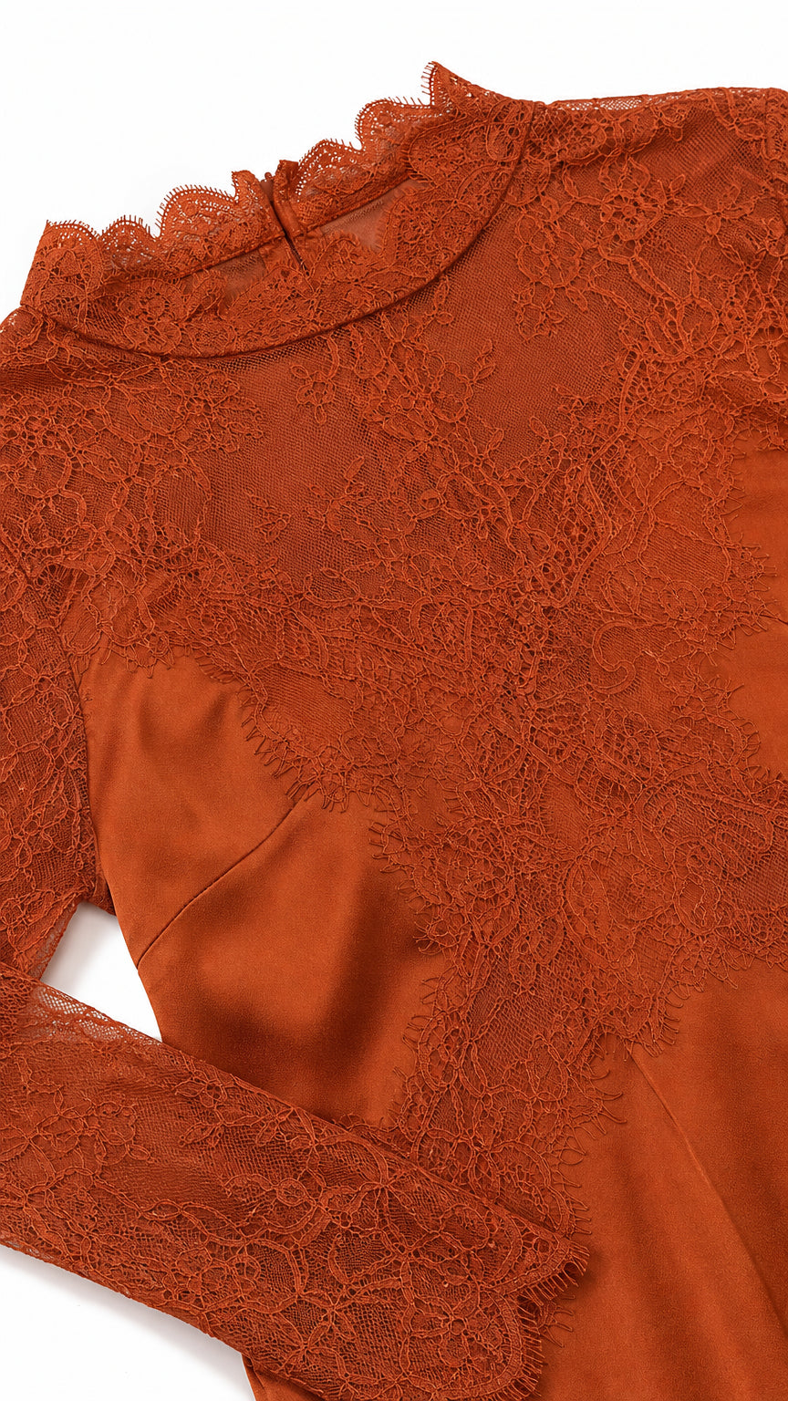 Close-up detail of scalloped mock neckline and floral lace on rust satin dress