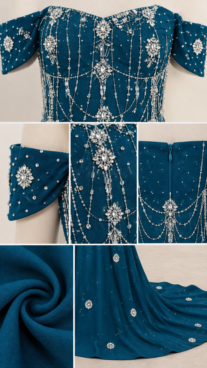 Close-up details of intricate crystal beadwork, arm band, fabric, and back zip closure