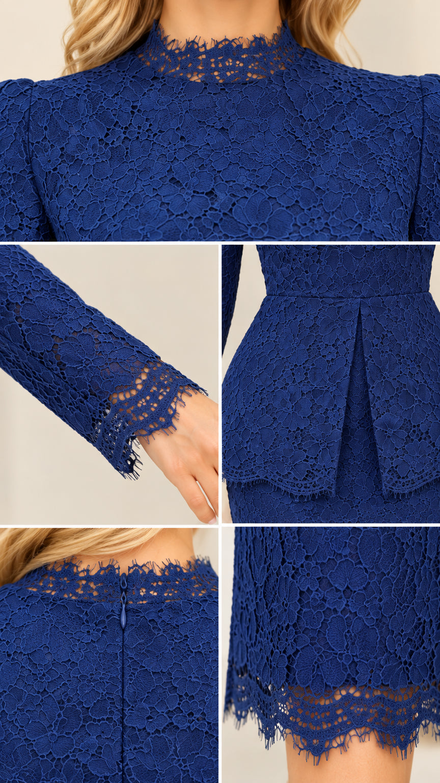 Close-up details of royal blue lace neckline, scalloped cuff, peplum waist, and hem
