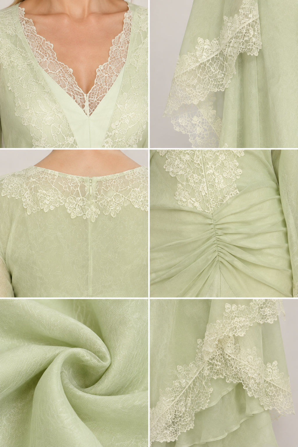 Close-up details of lace neckline, cape sleeves, back zipper, and waist ruching