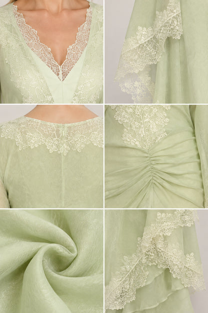Close-up details of lace neckline, cape sleeves, back zipper, and waist ruching