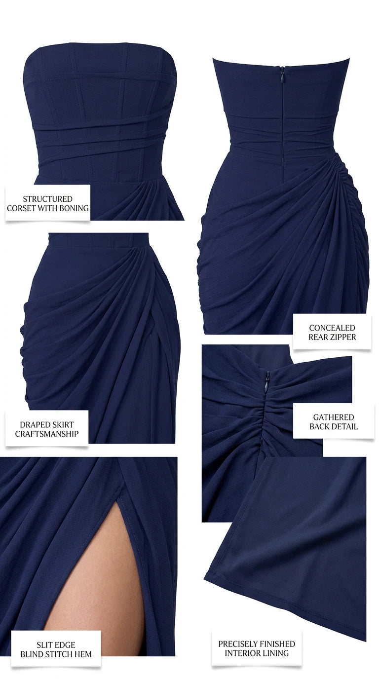 Detailed product breakdown showing boned corset, draped skirt craftsmanship, and lining